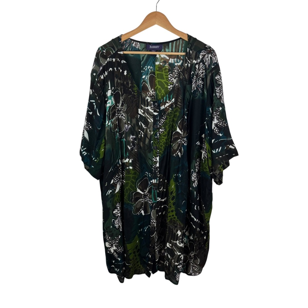 Roamans Floral Button Front Tunic Top Size 34W Boho Lightweight Jungle‎ Relaxed
